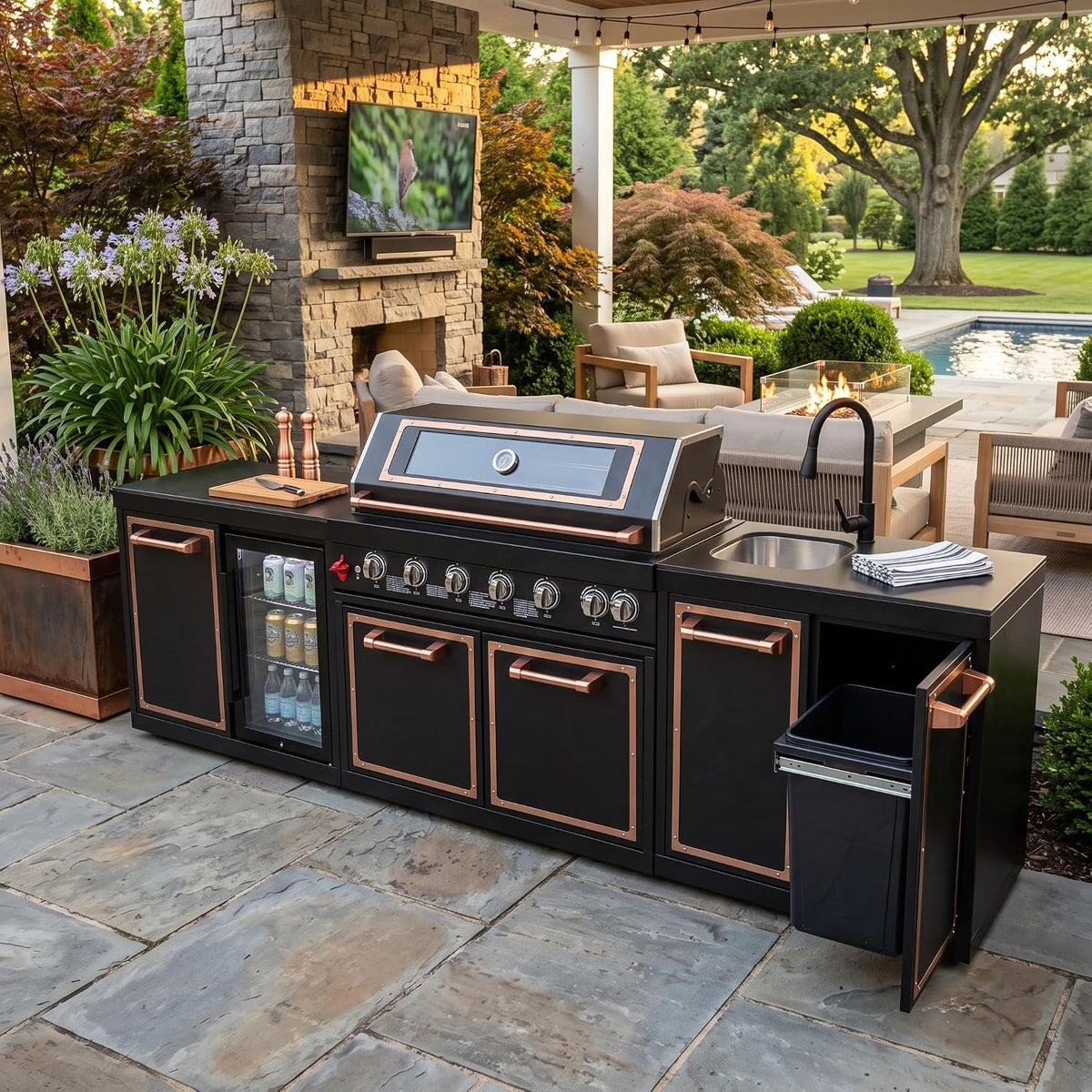 113.8-Inch Outdoor Kitchen Island Featuring Gas Grill and Infrared Rear Burner - Black Finish