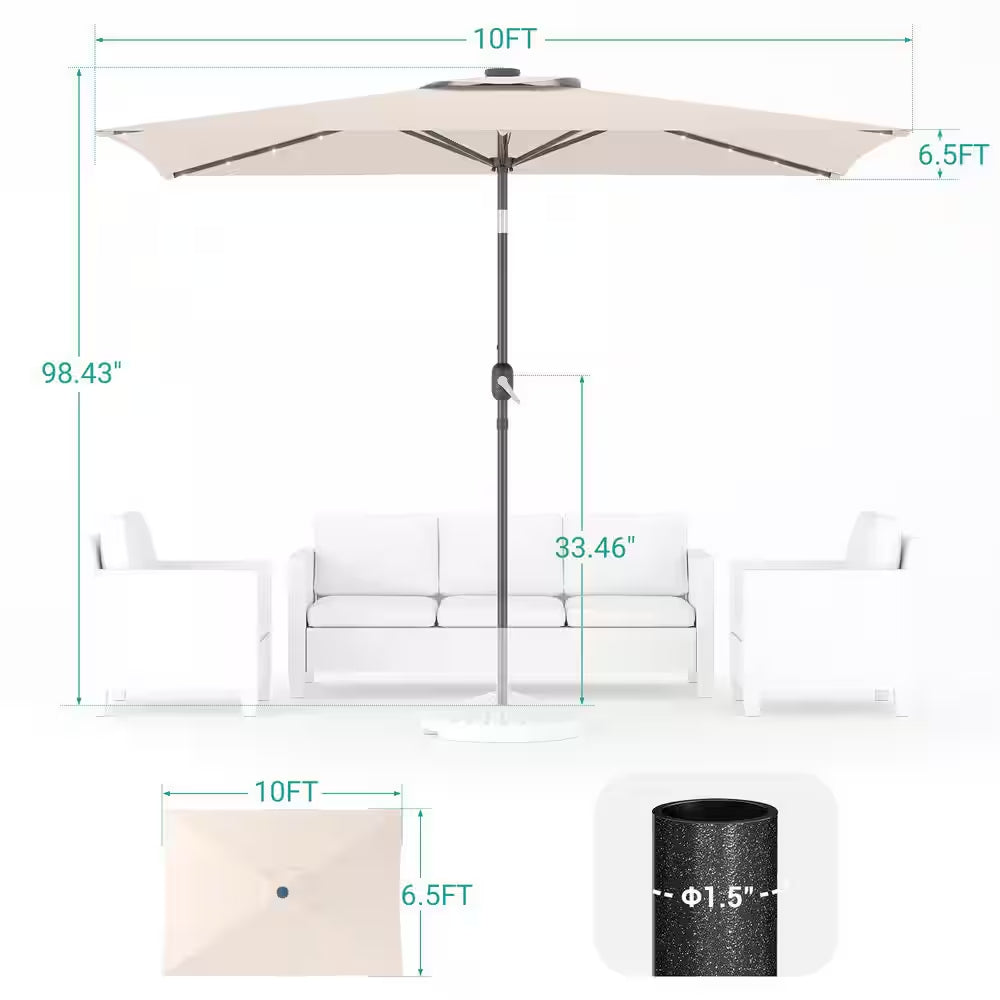 10 Ft. X 6.5 Ft. Rectangle Solar LED Outdoor Patio Market Table Umbrella with Push Button Tilt and Crank in Beige