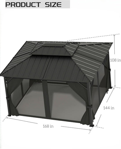 Elevate Your Outdoor Experience with Our 12X14 Ft Hardtop Gazebo - Heavy Duty Double Roof, Nettings, and Curtains for Ultimate Comfort and Style in Grey