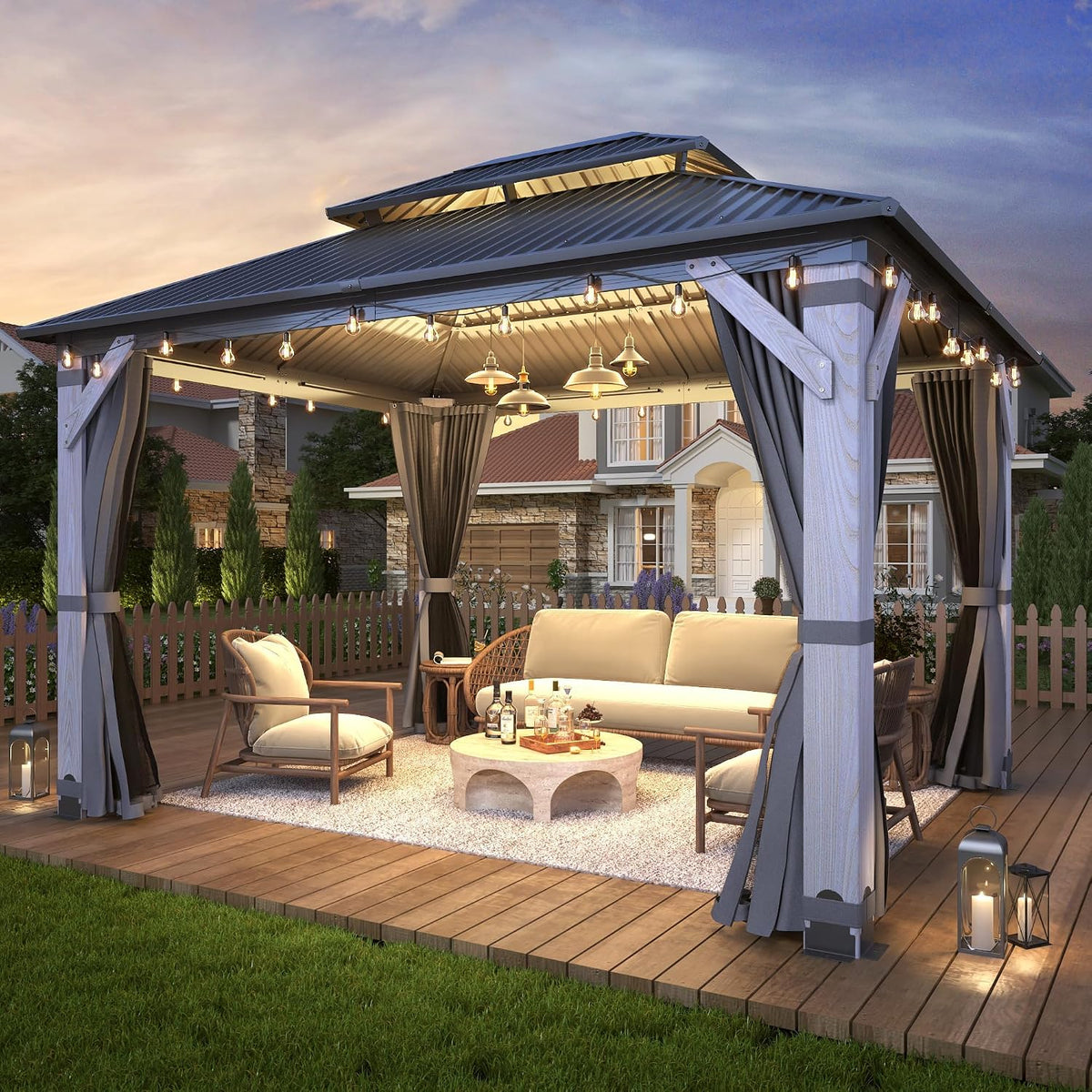 Luxurious 12’X 20’ Outdoor Spruce Wood Gazebo with Elegant Double Roof Design and Versatile Shelving