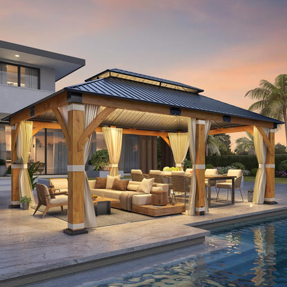 Luxurious 12’X 20’ Outdoor Spruce Wood Gazebo with Elegant Double Roof Design and Versatile Shelving