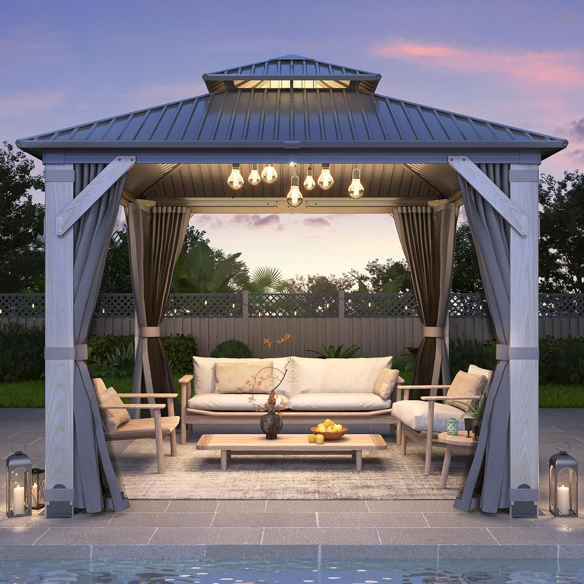 Luxurious 12’X 20’ Outdoor Spruce Wood Gazebo with Elegant Double Roof Design and Versatile Shelving