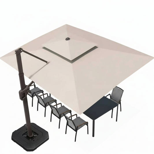 9' X 12' Patio Umbrella with LED Lights Outdoor Cantilever Umbrellas | Heavy Duty Aluminum Frame, Double Top Waterproof Canopy, 360-Degree Rotation, for Pool Garden Deck, Beige