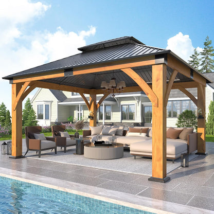 Luxurious 12’X 20’ Outdoor Spruce Wood Gazebo with Elegant Double Roof Design and Versatile Shelving
