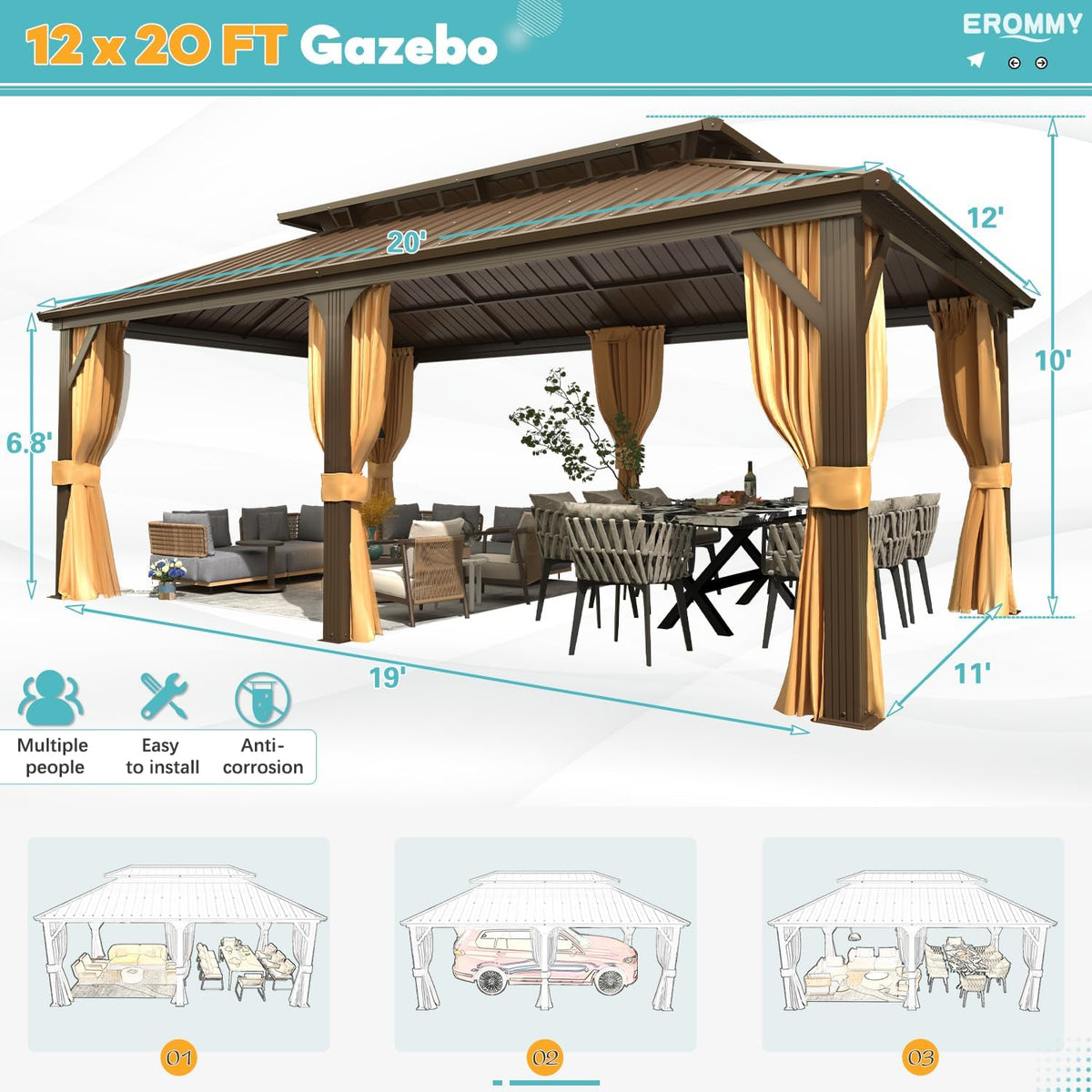 Experience the Ultimate Outdoor Retreat with Our 12' x 20' Hardtop Gazebo – Sturdy Aluminum Frame, Galvanized Steel Double Roof, and Cozy Netting for Your Patio, Lawn, or Deck!