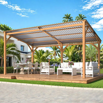 20' x 10' Outdoor Wooden Gazebo - Large Cedar Pergola with Hardtop Design for Patios, Decks, and Backyards, Wall-Mounted Heavy-Duty Awning