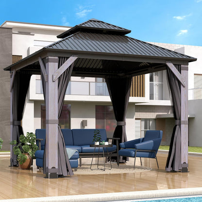 Luxurious 12’X 20’ Outdoor Spruce Wood Gazebo with Elegant Double Roof Design and Versatile Shelving