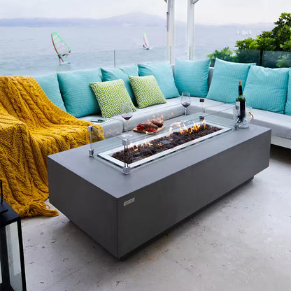 Granville 60" x 27" Rectangular Concrete Propane Fire Table with Lava Rocks and Protective Cover for Outdoor Settings