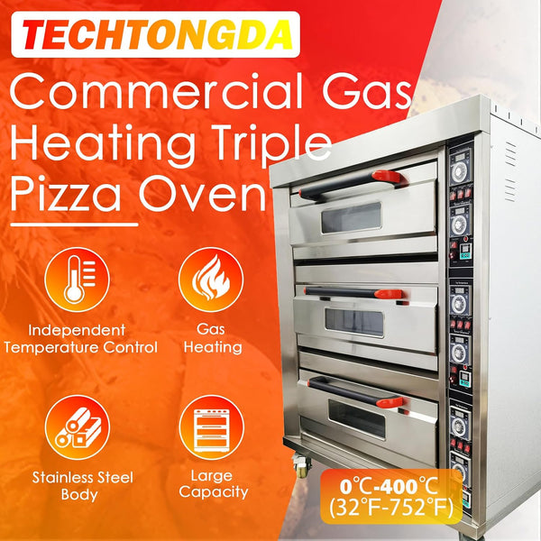 Triple Deck Gas Pizza Oven - Commercial Stainless Steel Baking Machine with 6 Baking Sheets, 110V for Restaurants and Bakeries