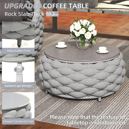 6-Piece Aluminum Patio Furniture Set,Polyester Light Grey W/Table | Olefin Rope Modern Outdoor Conversation Set Sectional Sofa with Water Repellent Thick Cushions for Balcony, Garden
