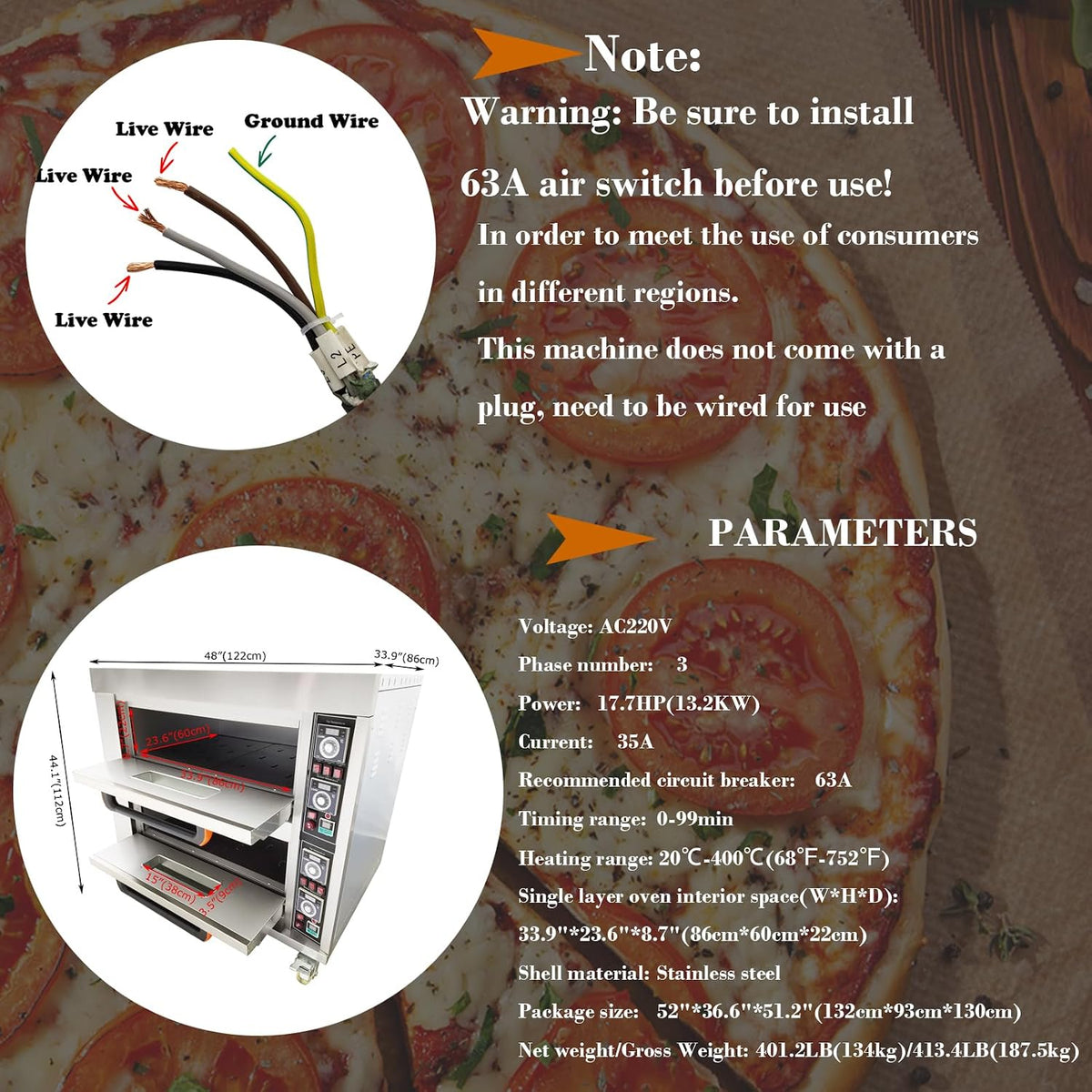 Commercial 13.2KW Double Deck Pizza Oven - Stainless Steel Movable Multipurpose Oven for Bread, Meats, and Pastries with Large Capacity and Wheels, 220V/3PH