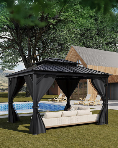 Elevate Your Outdoor Experience with Our 12X14 Ft Hardtop Gazebo - Heavy Duty Double Roof, Nettings, and Curtains for Ultimate Comfort and Style in Grey