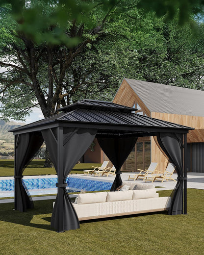 Elevate Your Outdoor Experience with Our 12X14 Ft Hardtop Gazebo - Heavy Duty Double Roof, Nettings, and Curtains for Ultimate Comfort and Style in Grey