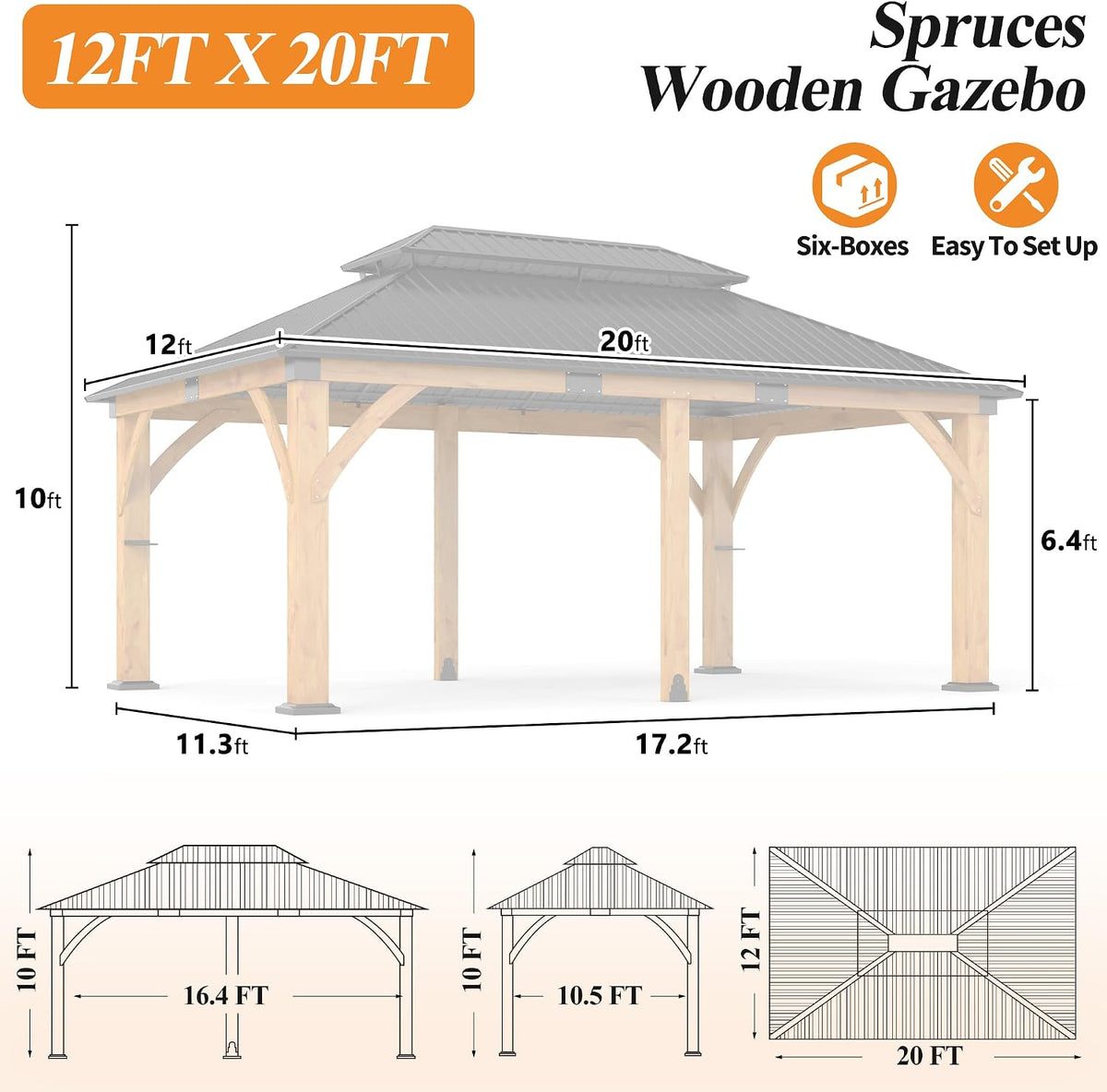 Luxurious 12’X 20’ Outdoor Spruce Wood Gazebo with Elegant Double Roof Design and Versatile Shelving