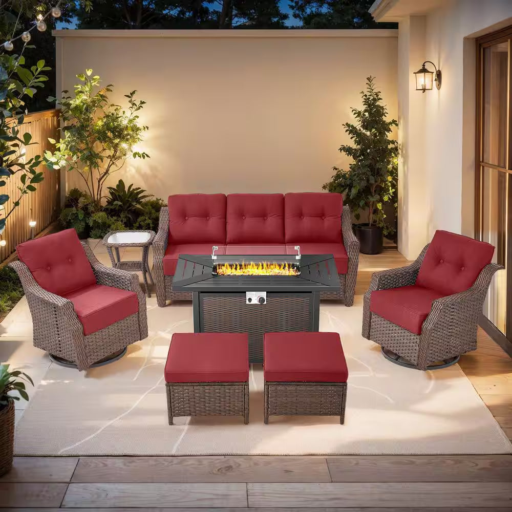 Chic Modern Farmhouse 7-Piece Brown Wicker Patio Set with Beige Cushions & Stylish Metal Fire Pit