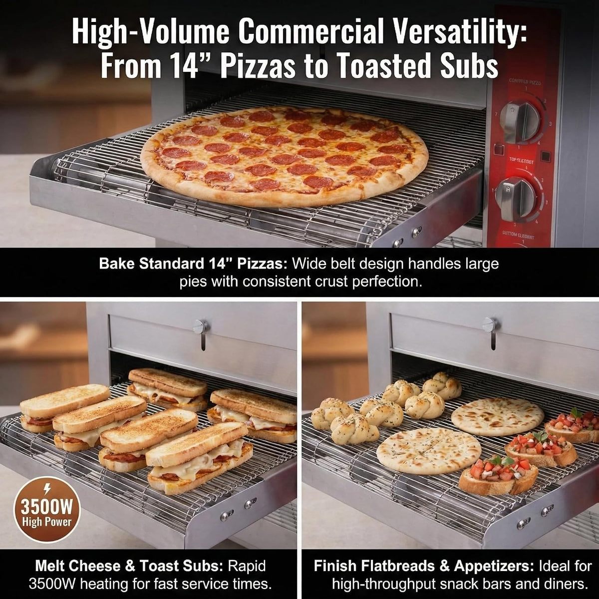 14-Inch Commercial Conveyor Pizza Oven, 3500W 208V Countertop Electric Oven with 14-Inch Belt and 6-20P Plug for Efficient Baking (60Hz)