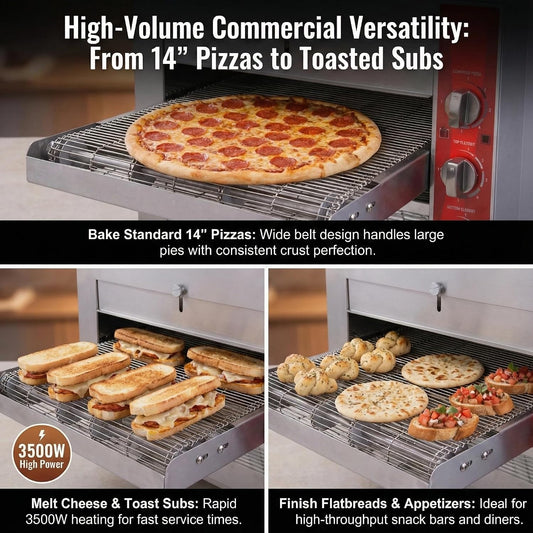 14-Inch Commercial Conveyor Pizza Oven, 3500W 208V Countertop Electric Oven with 14-Inch Belt and 6-20P Plug for Efficient Baking (60Hz)