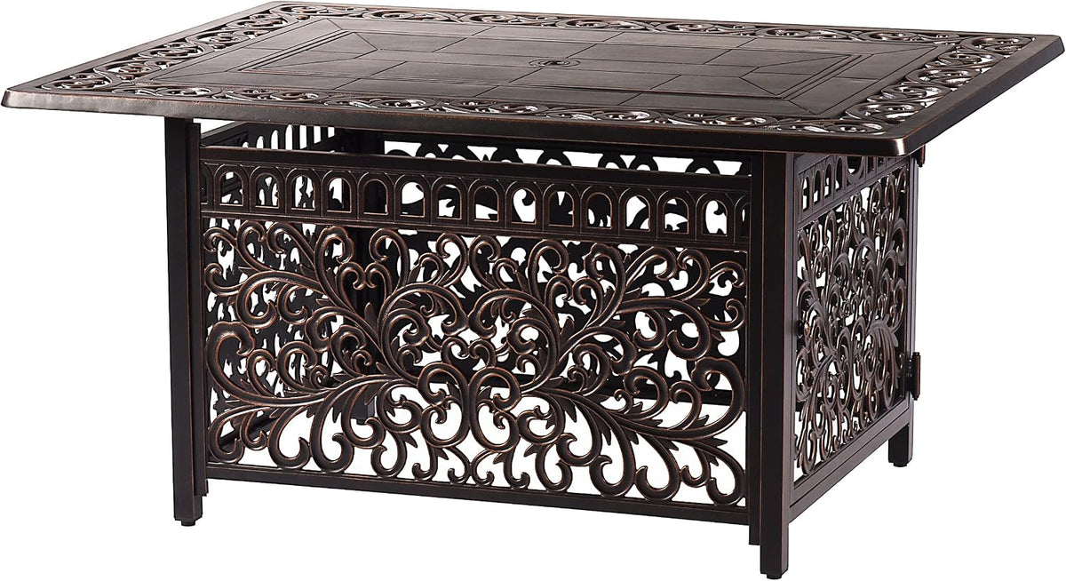 Stylish 48-Inch Rectangular Aluminum Fire Table Set with Four Comfortable Swivel Rockers, Fire Beads, Lid, and Weather-Resistant Covers