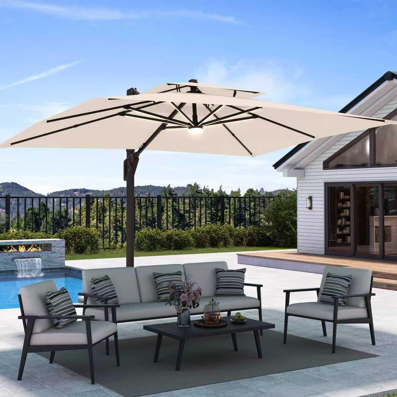 9' X 12' Patio Umbrella with LED Lights Outdoor Cantilever Umbrellas | Heavy Duty Aluminum Frame, Double Top Waterproof Canopy, 360-Degree Rotation, for Pool Garden Deck, Beige