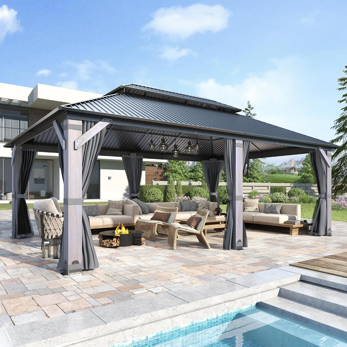Luxurious 12’X 20’ Outdoor Spruce Wood Gazebo with Elegant Double Roof Design and Versatile Shelving