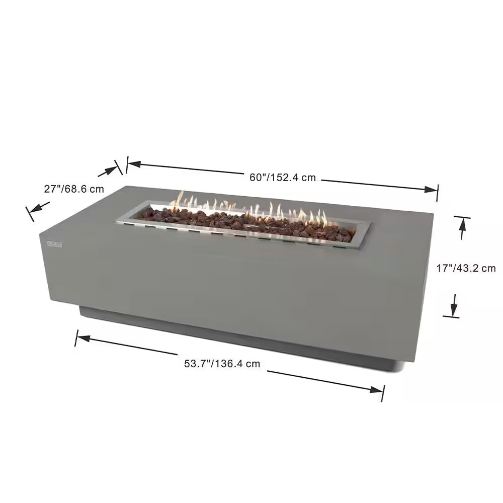 Granville 60" x 27" Rectangular Concrete Propane Fire Table with Lava Rocks and Protective Cover for Outdoor Settings