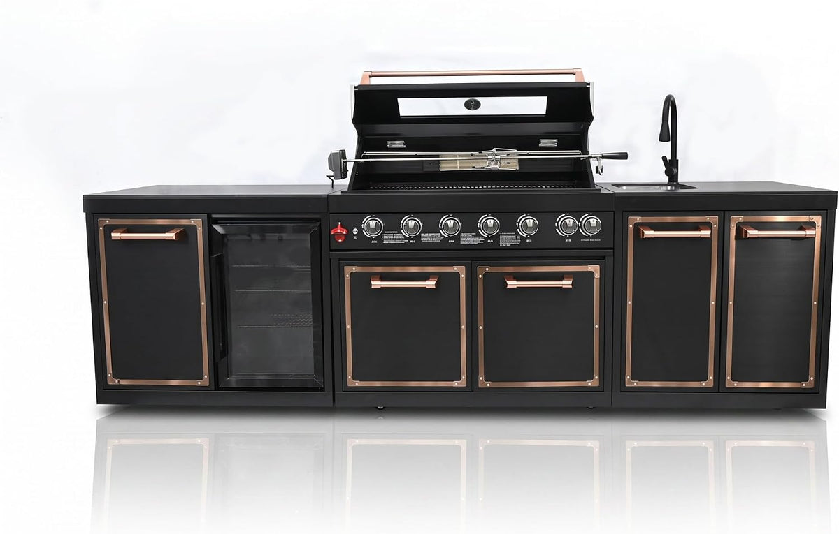 113.8-Inch Outdoor Kitchen Island Featuring Gas Grill and Infrared Rear Burner - Black Finish