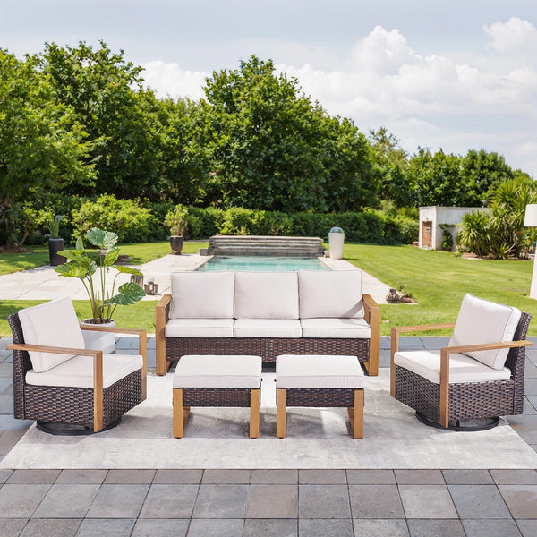 Wicker Patio Furniture Set Built for All-Weather Entertaining, 5 Pieces, Swivel Rockers, 50K BTU Fire Pit