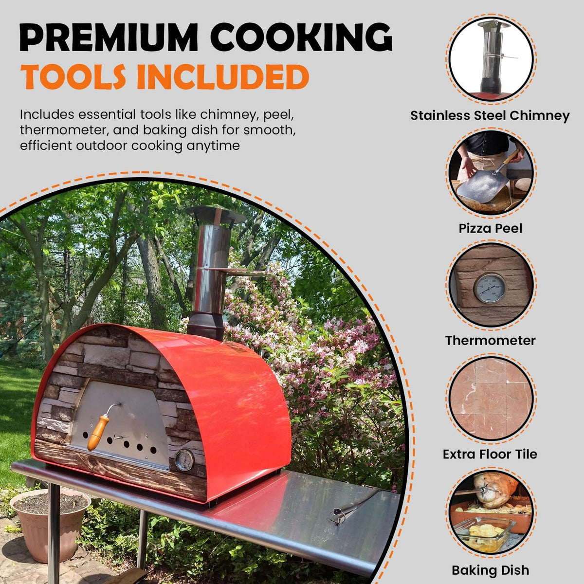 Maximus Red Wood-Fired Portable Outdoor Pizza Oven - Handmade in Portugal with Stainless Steel Chimney, Pizza Peel, Thermometer, Extra Floor Tile, and Baking Dish Included
