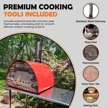 Maximus Red Wood-Fired Portable Outdoor Pizza Oven - Handmade in Portugal with Stainless Steel Chimney, Pizza Peel, Thermometer, Extra Floor Tile, and Baking Dish Included