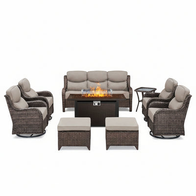 9-Piece Outdoor Patio Furniture Set with Fire Pit Table,Swivel Chairs and 6" Thick Cushions,Sectional Sofa and Ottomans,Patio Conversation Set for Porch Deck Garden Backyard
