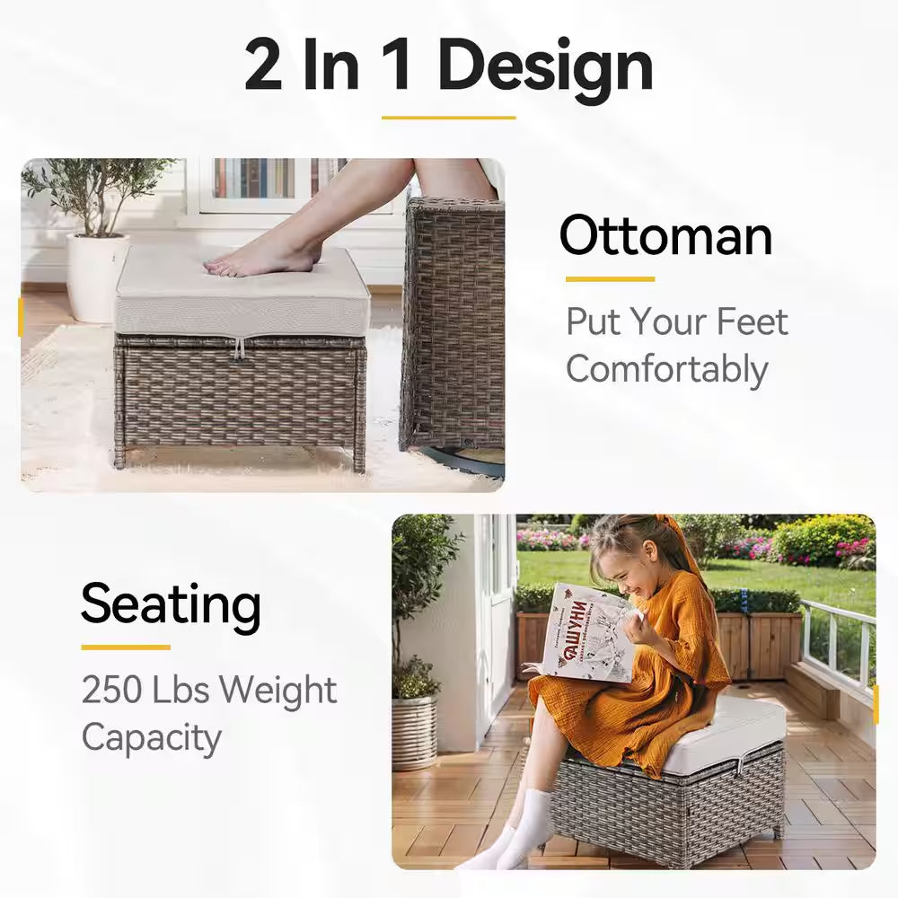 Chic Modern Farmhouse 7-Piece Brown Wicker Patio Set with Beige Cushions & Stylish Metal Fire Pit