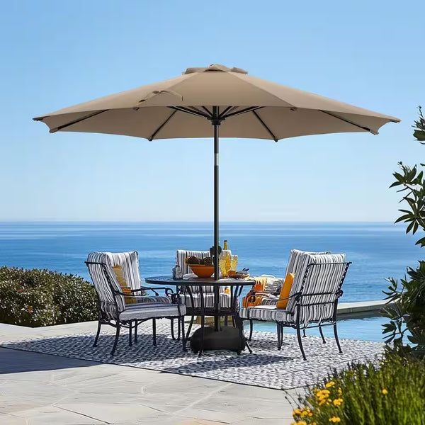 Patio Umbrella Built to Provide Flexible Shade, 9 Ft Wind-Vented Canopy, Push Button Tilt, Crank Lift