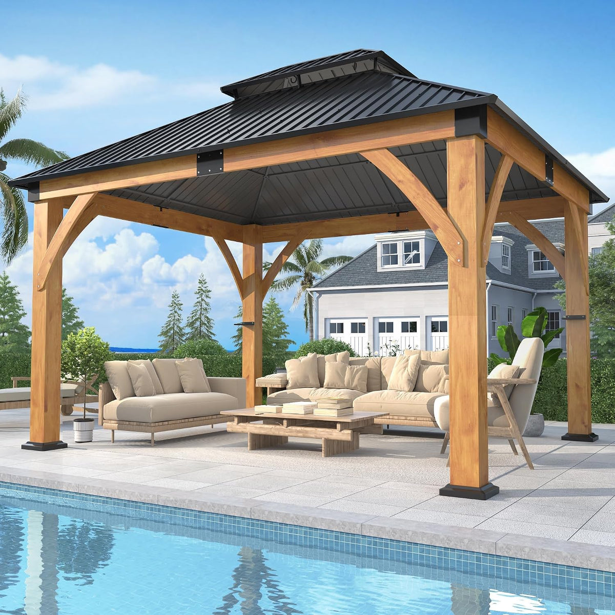 Luxurious 12’X 20’ Outdoor Spruce Wood Gazebo with Elegant Double Roof Design and Versatile Shelving