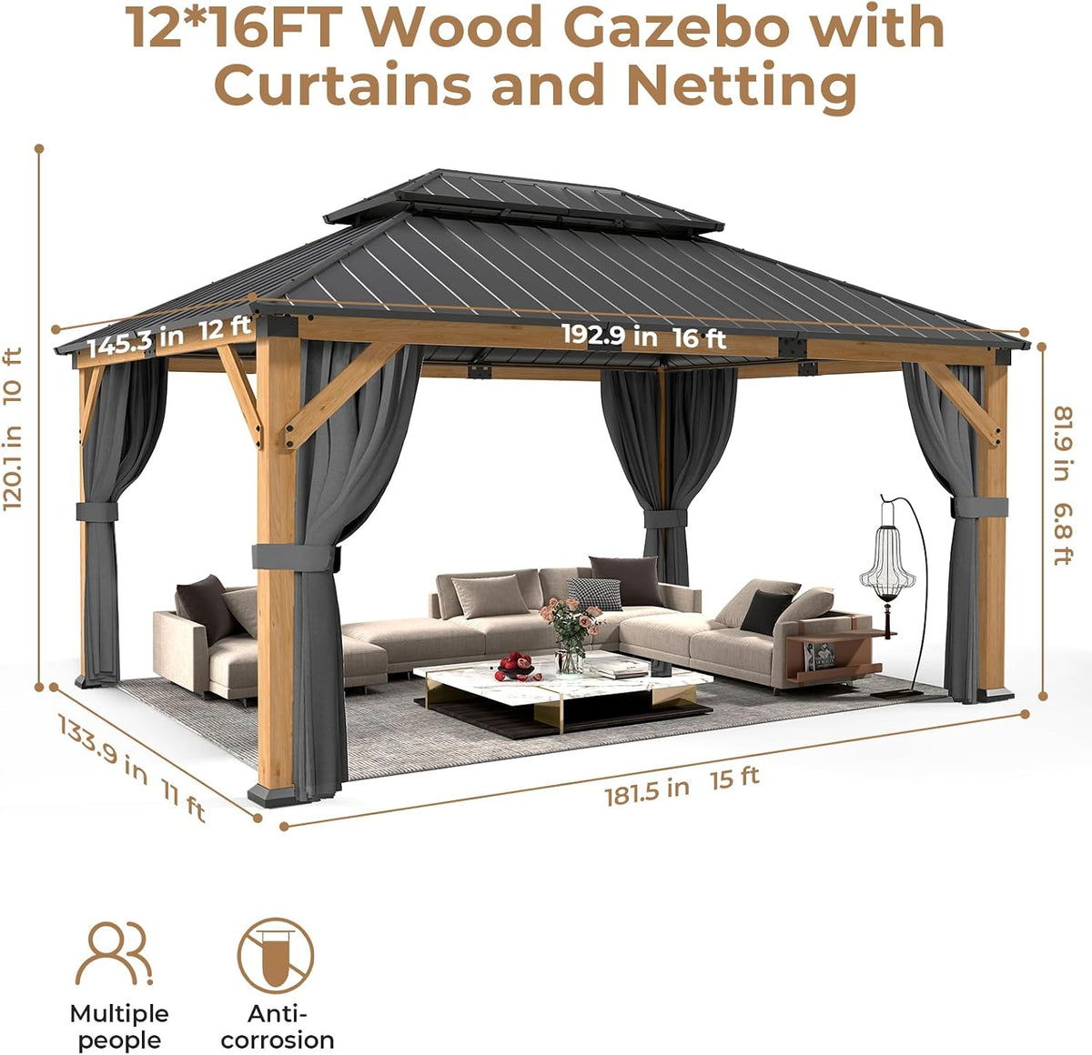 Transform Your Outdoor Space with the Elegant 12' x 16' Wood Gazebo Featuring a Hardtop, Double Galvanized Steel Roof, and Complete Privacy Solutions