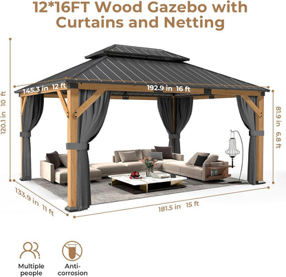Transform Your Outdoor Space with the Elegant 12' x 16' Wood Gazebo Featuring a Hardtop, Double Galvanized Steel Roof, and Complete Privacy Solutions