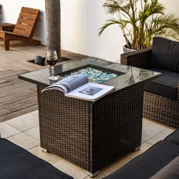 Stylish Espresso Square PE Rattan Propane Gas Outdoor Fire Pit - 29.92" x 29.92" for Cozy Evenings