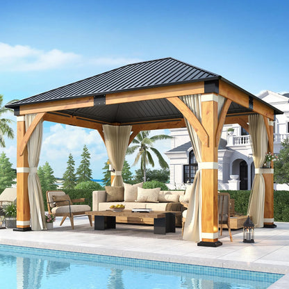 Luxurious 12’X 20’ Outdoor Spruce Wood Gazebo with Elegant Double Roof Design and Versatile Shelving