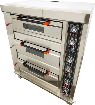 Professional 3-Layer Gas Pizza Oven with 6 Plate Capacity, 110V 300W Stainless Steel, Ideal for Restaurants and Bakeries, Temperature Range 0℃-400℃, Timer 0-99 Minutes, Single Phase