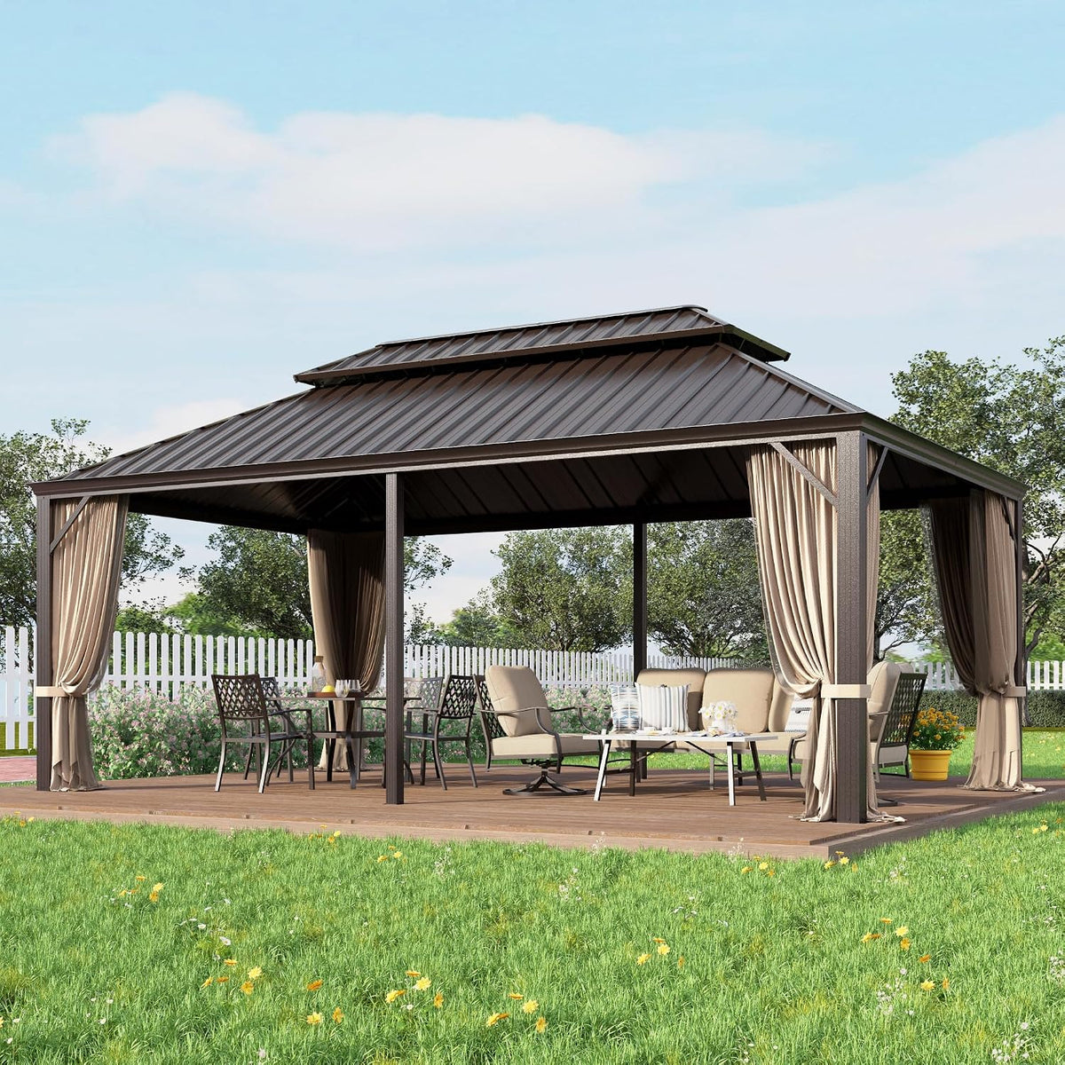 12x20 ft Hardtop Gazebo with Metal Frame, Netting, and Curtains