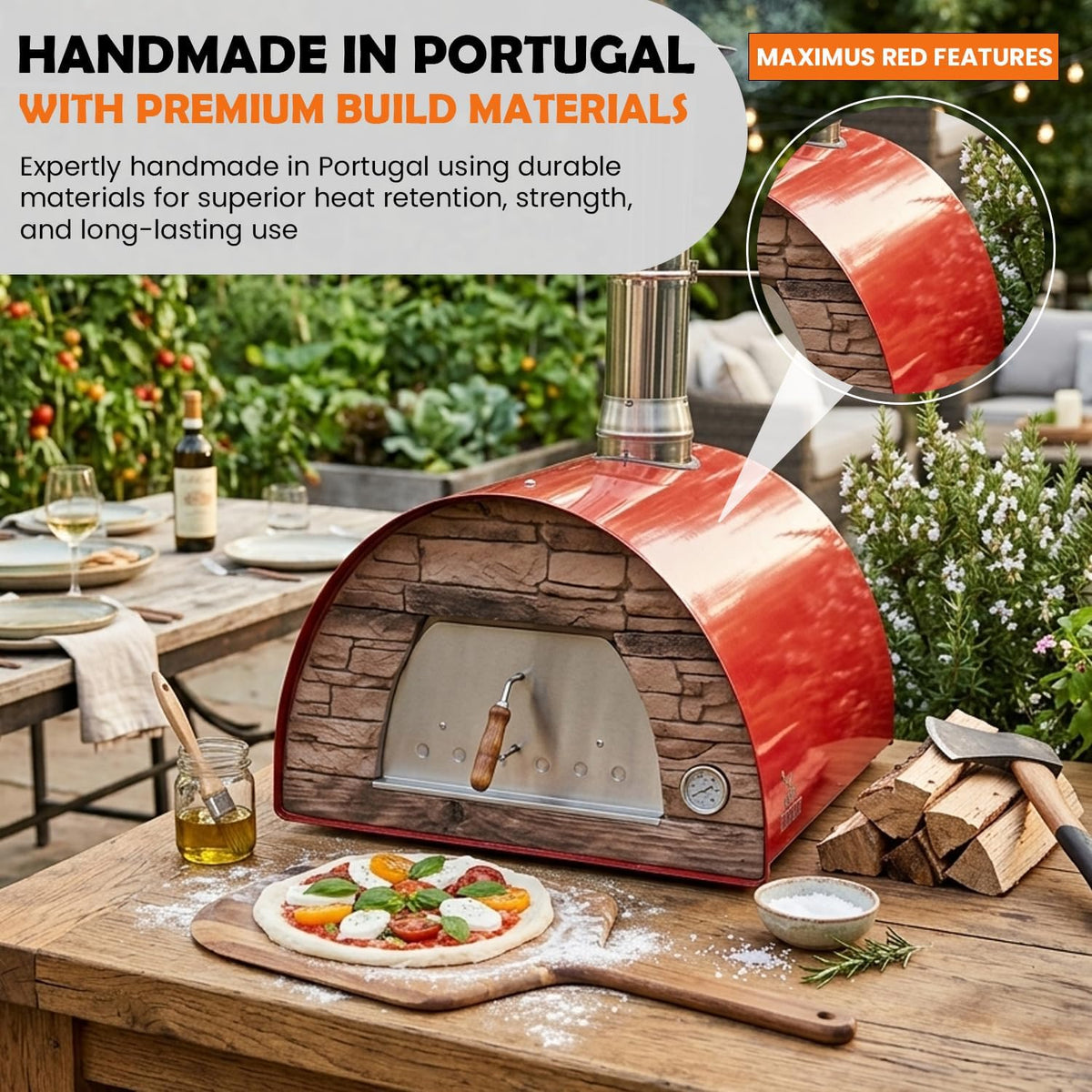 Maximus Red Wood-Fired Portable Outdoor Pizza Oven - Handmade in Portugal with Stainless Steel Chimney, Pizza Peel, Thermometer, Extra Floor Tile, and Baking Dish Included