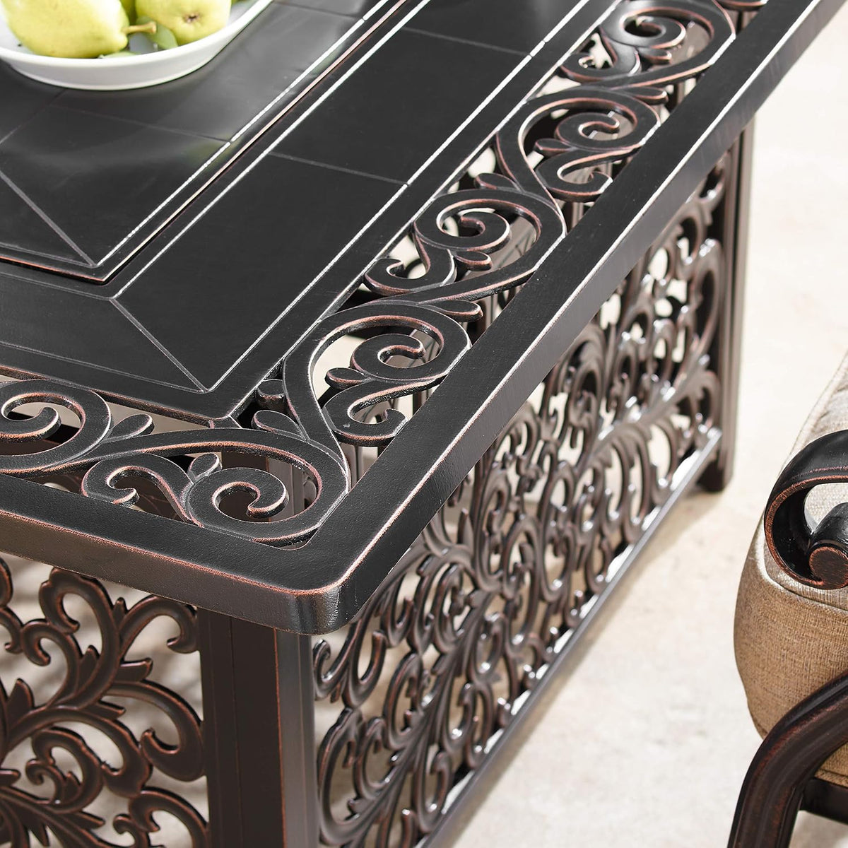 Stylish 48-Inch Rectangular Aluminum Fire Table Set with Four Comfortable Swivel Rockers, Fire Beads, Lid, and Weather-Resistant Covers