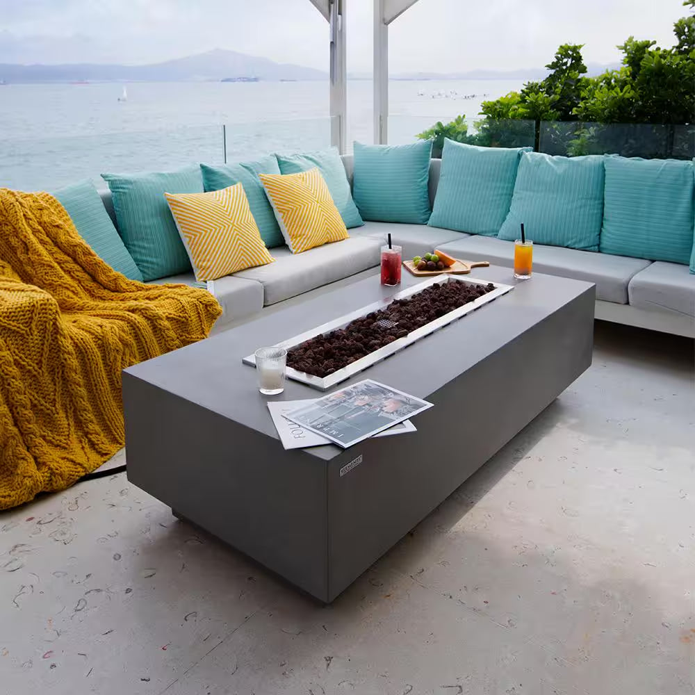 Granville 60" x 27" Rectangular Concrete Propane Fire Table with Lava Rocks and Protective Cover for Outdoor Settings